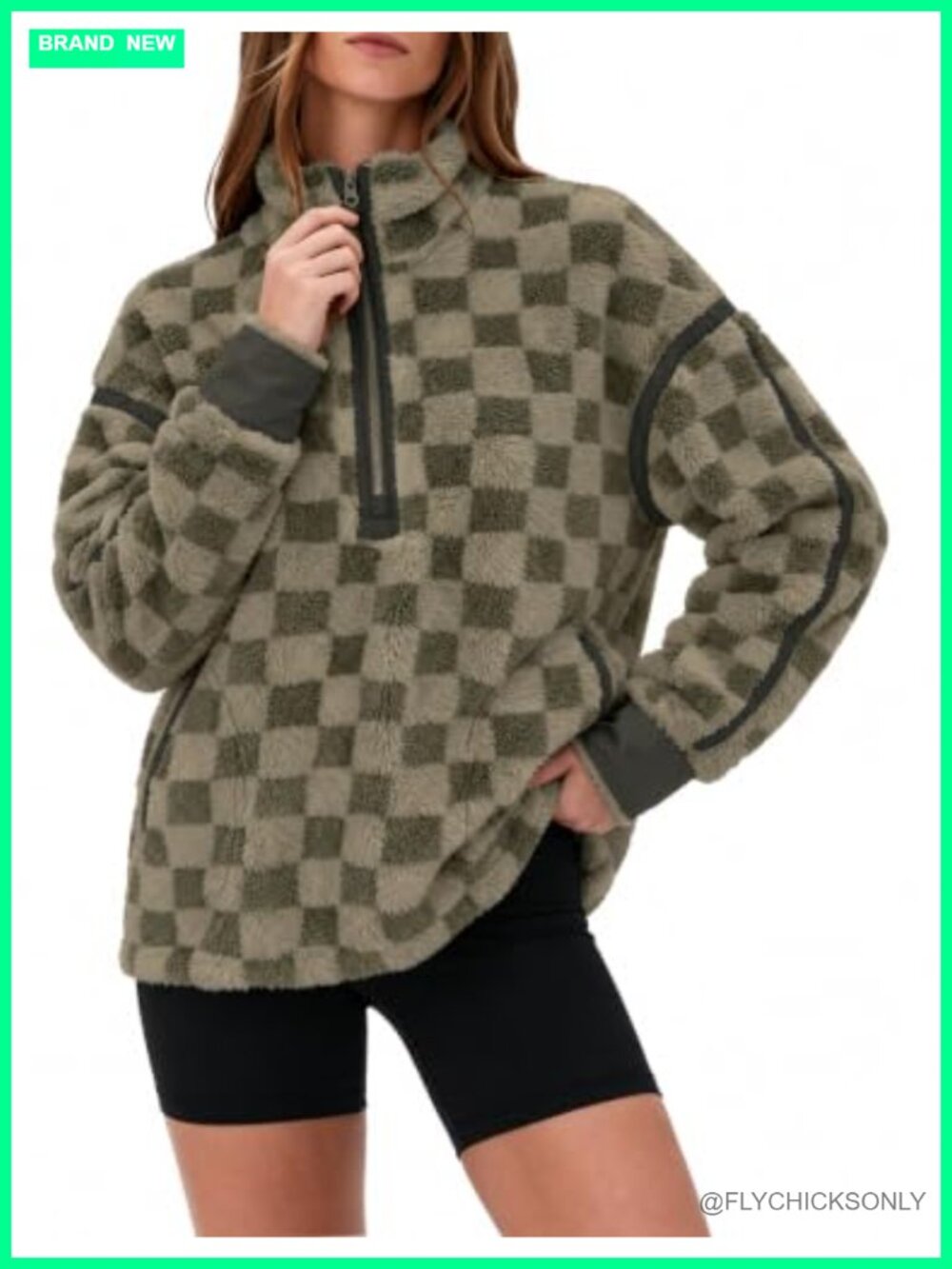 Sherpa Fleece Half-Zip Pullover Checkerboard Stand Collar Pockets Women